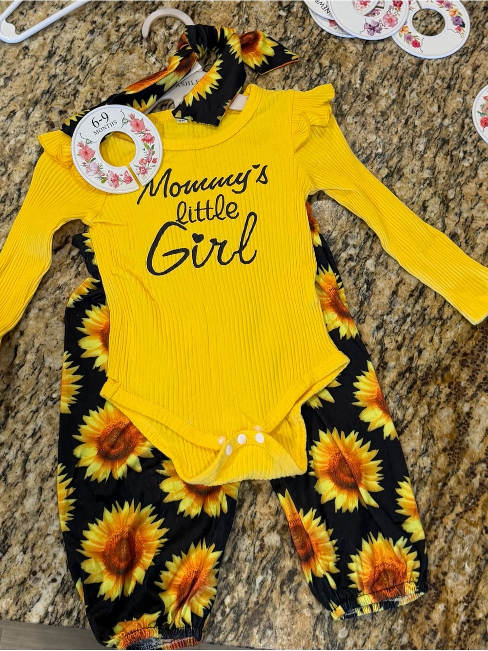 Yellow 'Mommy's Little Girl' Baby Onesie with Sunflower Pants